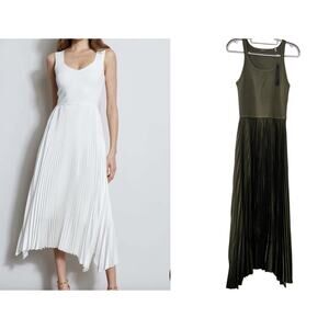 NWT Elie Tahari Pleated MIDI Dress •M• Green Tank Mixed Media Knit Satin $325
